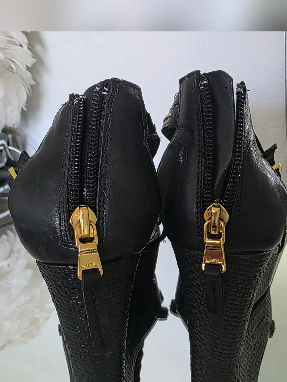 Ralph Lauren Black Braided T-Strap Wedge Sandals with Gold Studs